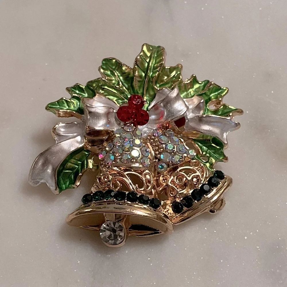 Christmas Bells Gold Toned Broach